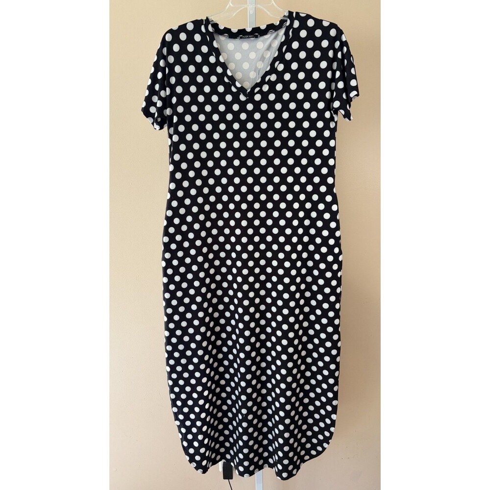 HUSKARY Maxi Black White Polka Dot T Shirt Dress L Casual Trendy Comfortable